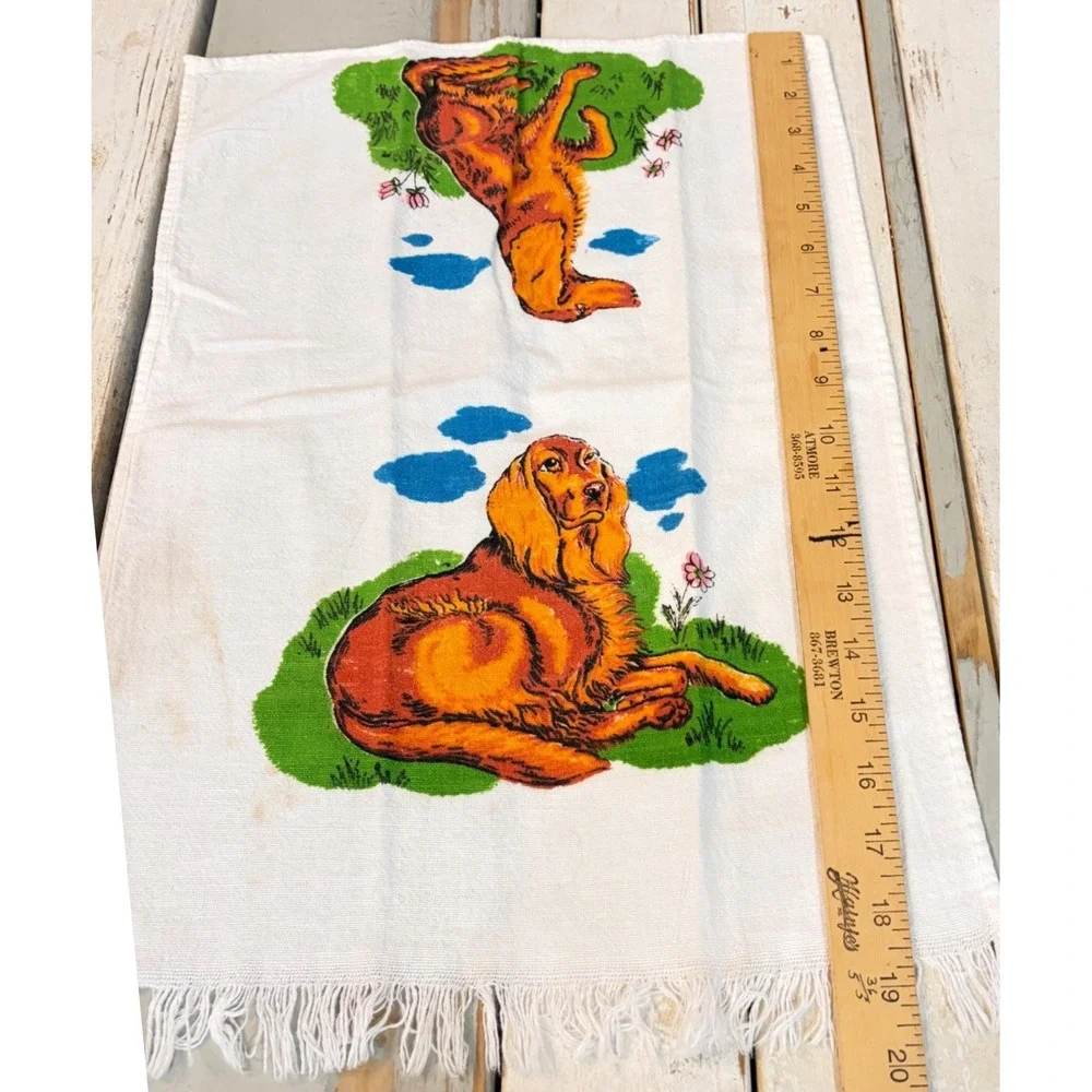 Vintage Golden Retriever Irish Setter Dog Tea Towel Fringed White Kitchen Linen